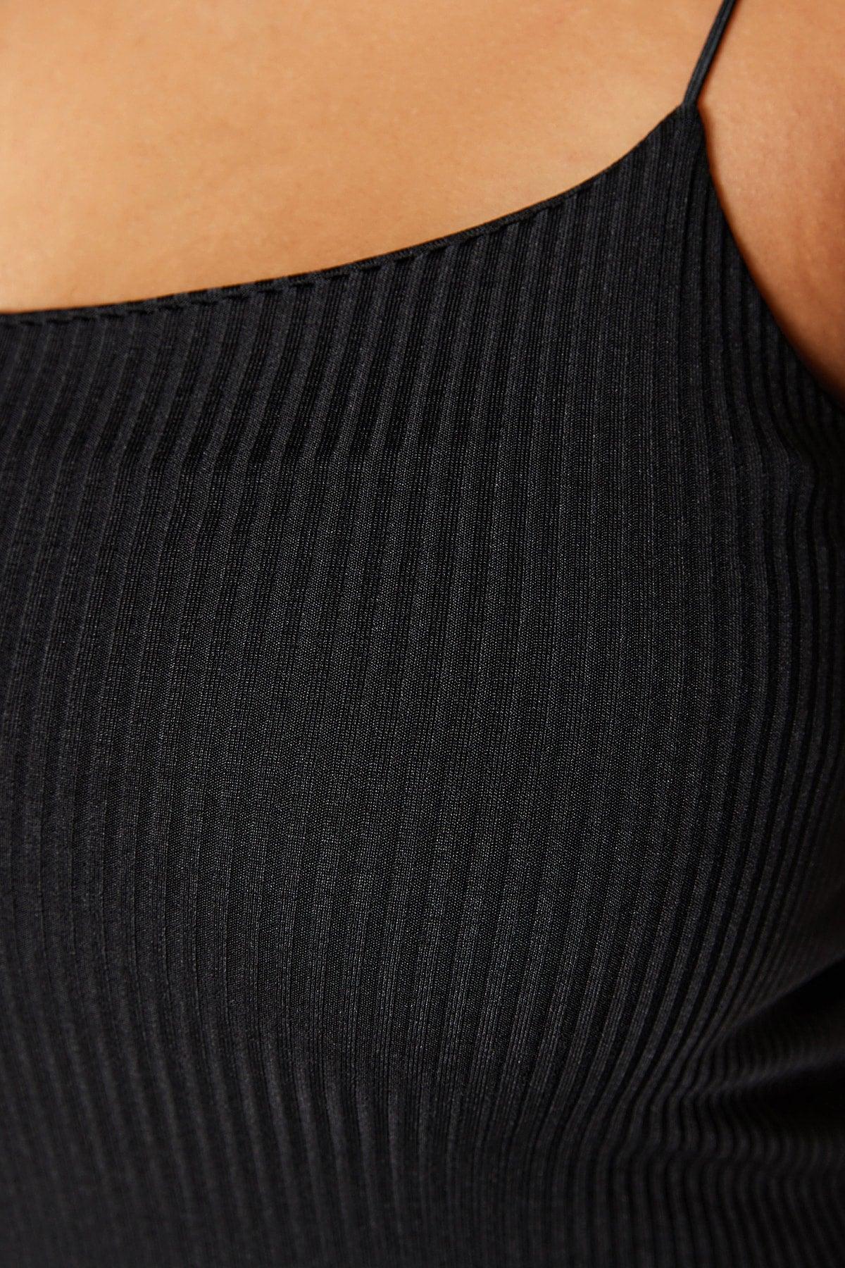 Black Crop Knitted Strap Blouse TBBSS23AF00013 - Swordslife