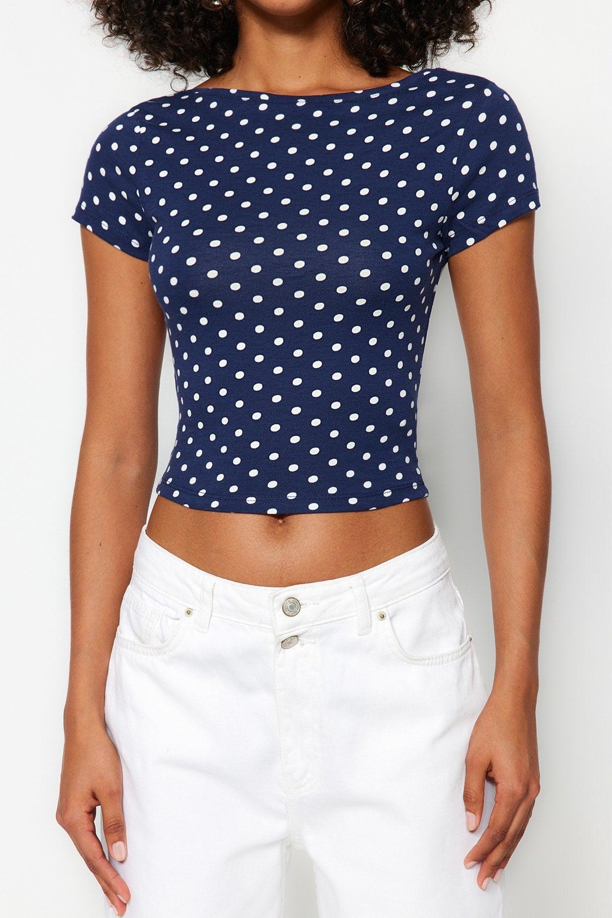 Navy Blue Polka Dot Printed Open Back Cotton Stretch Knitted Blouse TWOSS23BZ00912 - Swordslife