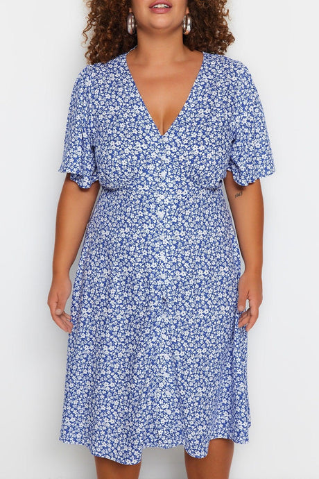 Navy Blue Floral Woven Dress TBBSS23AH00101 - Swordslife