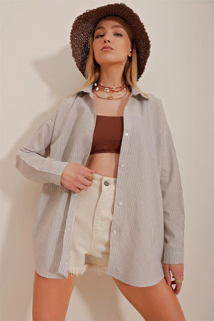 Women's Brown Striped Oversize Shirt ALC-X10232 - Swordslife