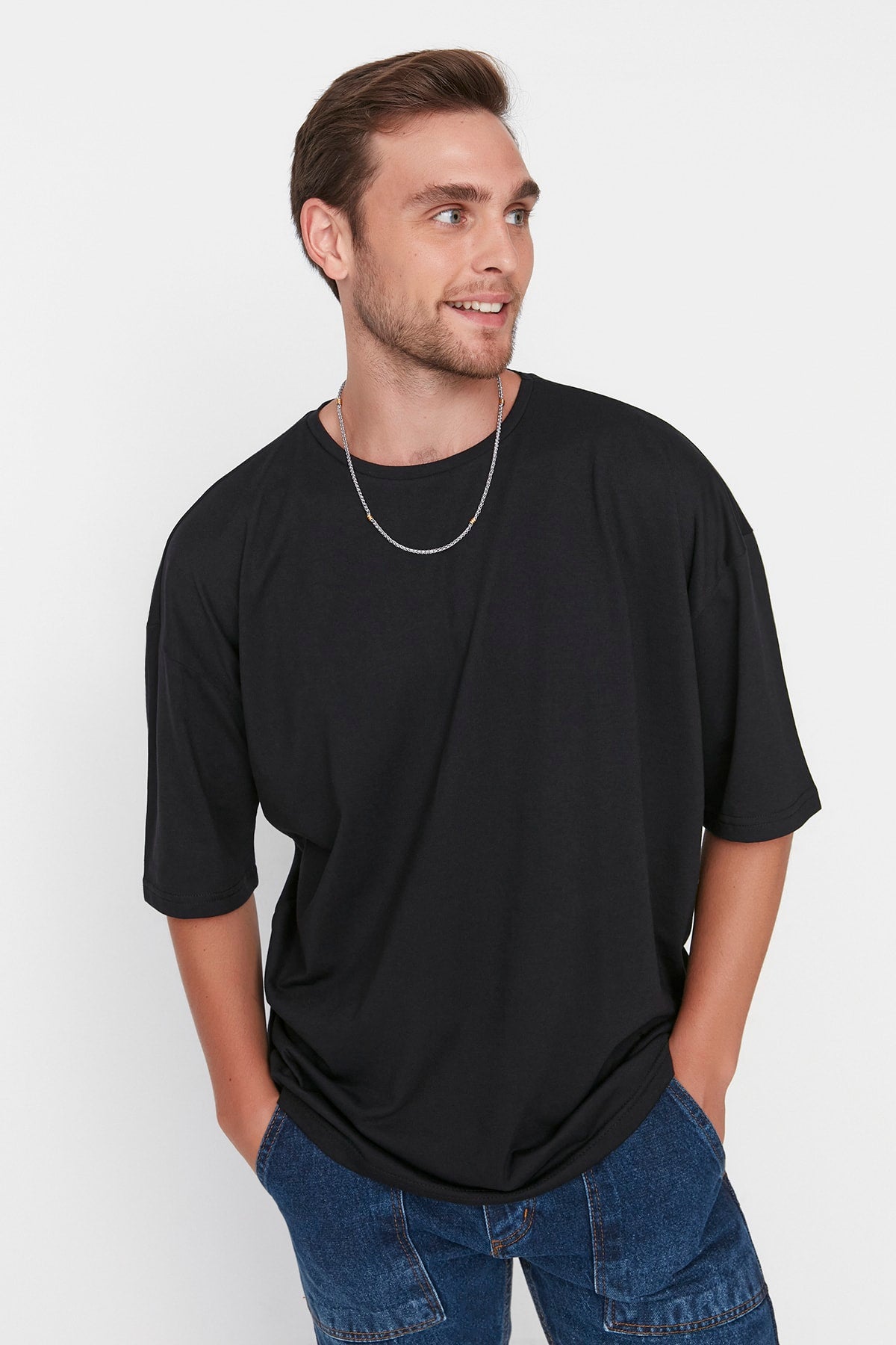 Black Men'S Basic Crew Neck Oversize Short Sleeve T-Shirt Tmnss22Ts0317