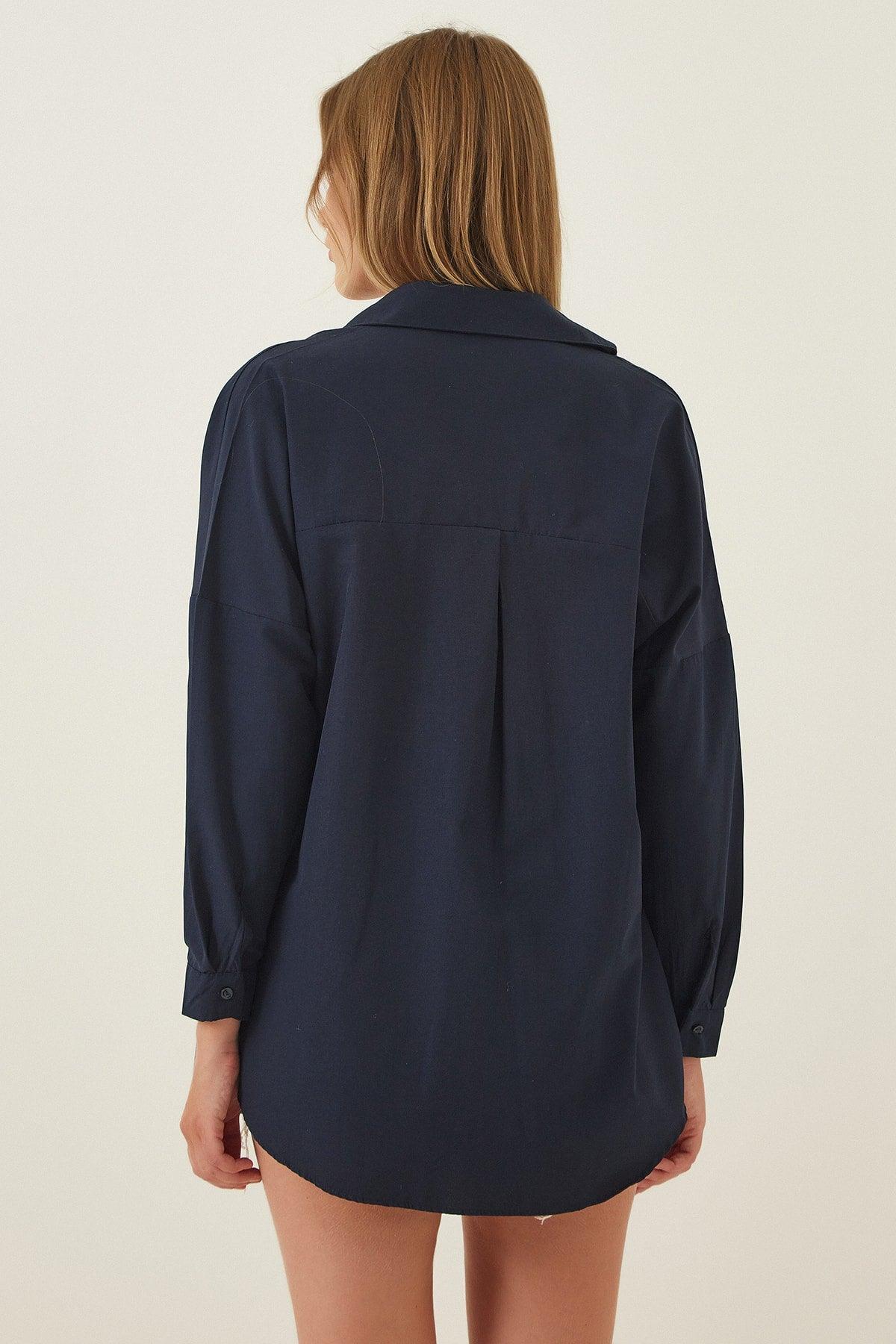 Women's Navy Blue Oversize Long Basic Shirt 3900 DD00842 - Swordslife