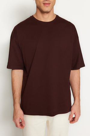 Brown Men'S Oversize Crew Neck Short Sleeve Back Printed 100% Cotton T-Shirt