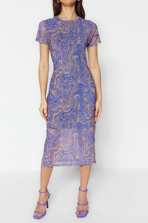 Blue Printed Midi Tulle Dress TWOSS23EL01791 - Swordslife
