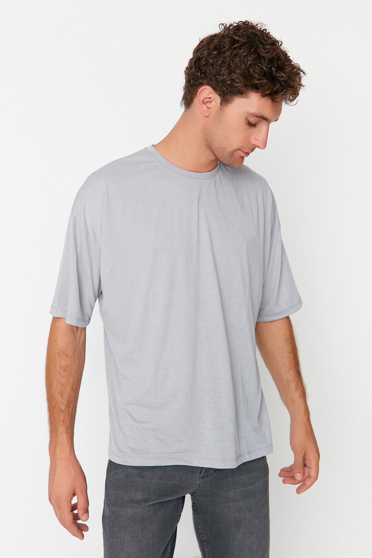 Gray Men'S Basic Crew Neck Oversize Short Sleeve T-Shirt Tmnss22Ts0300