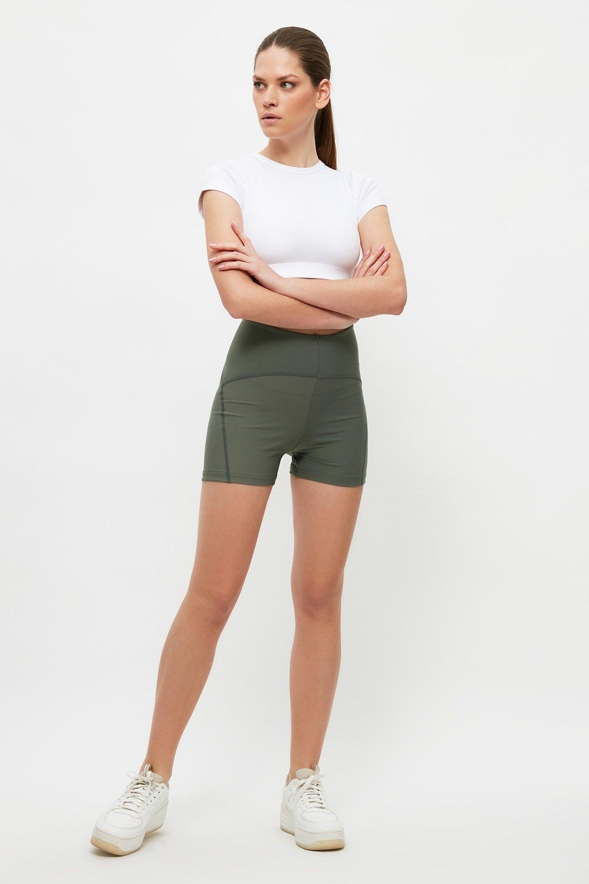 Khaki Gathering Stitch Detail Sports Shorts Tights TWOSS21SR0545 - Swordslife