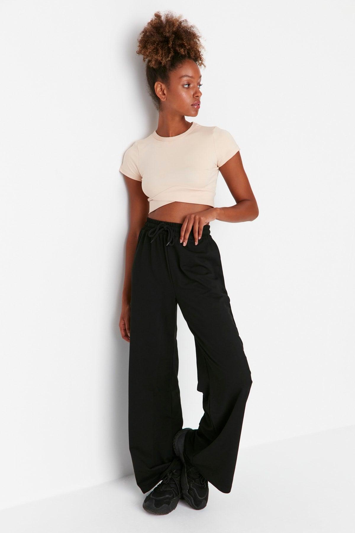 Black Wide Leg Slim Sports Trousers TWOAW22EA0053 - Swordslife