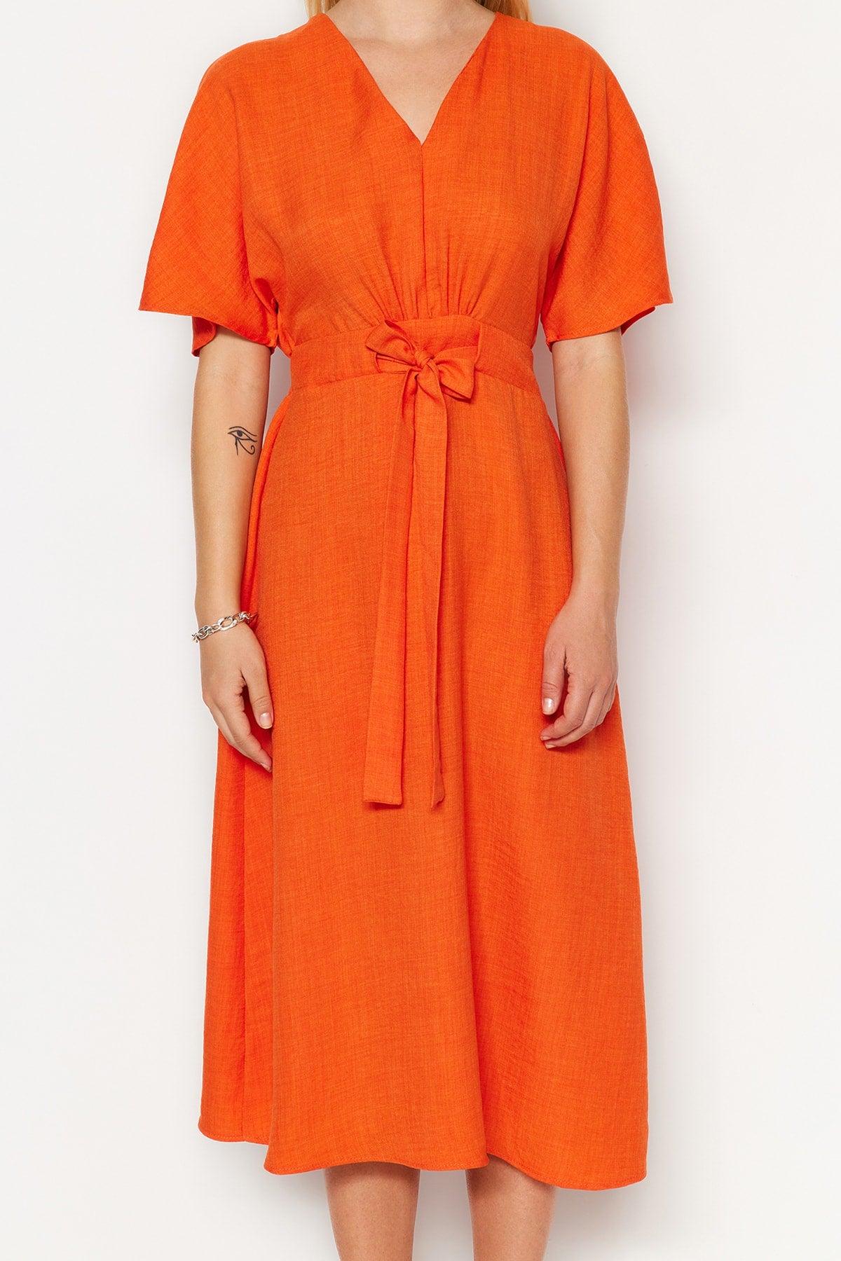 Orange Tie Detailed Midi Woven Dress TWOSS23EL01543 - Swordslife