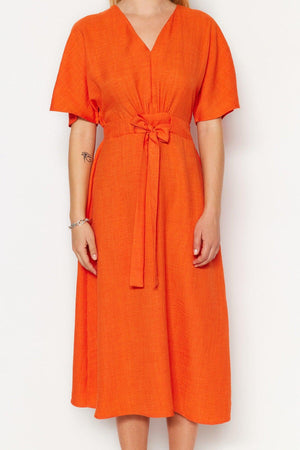 Orange Tie Detailed Midi Woven Dress TWOSS23EL01543 - Swordslife