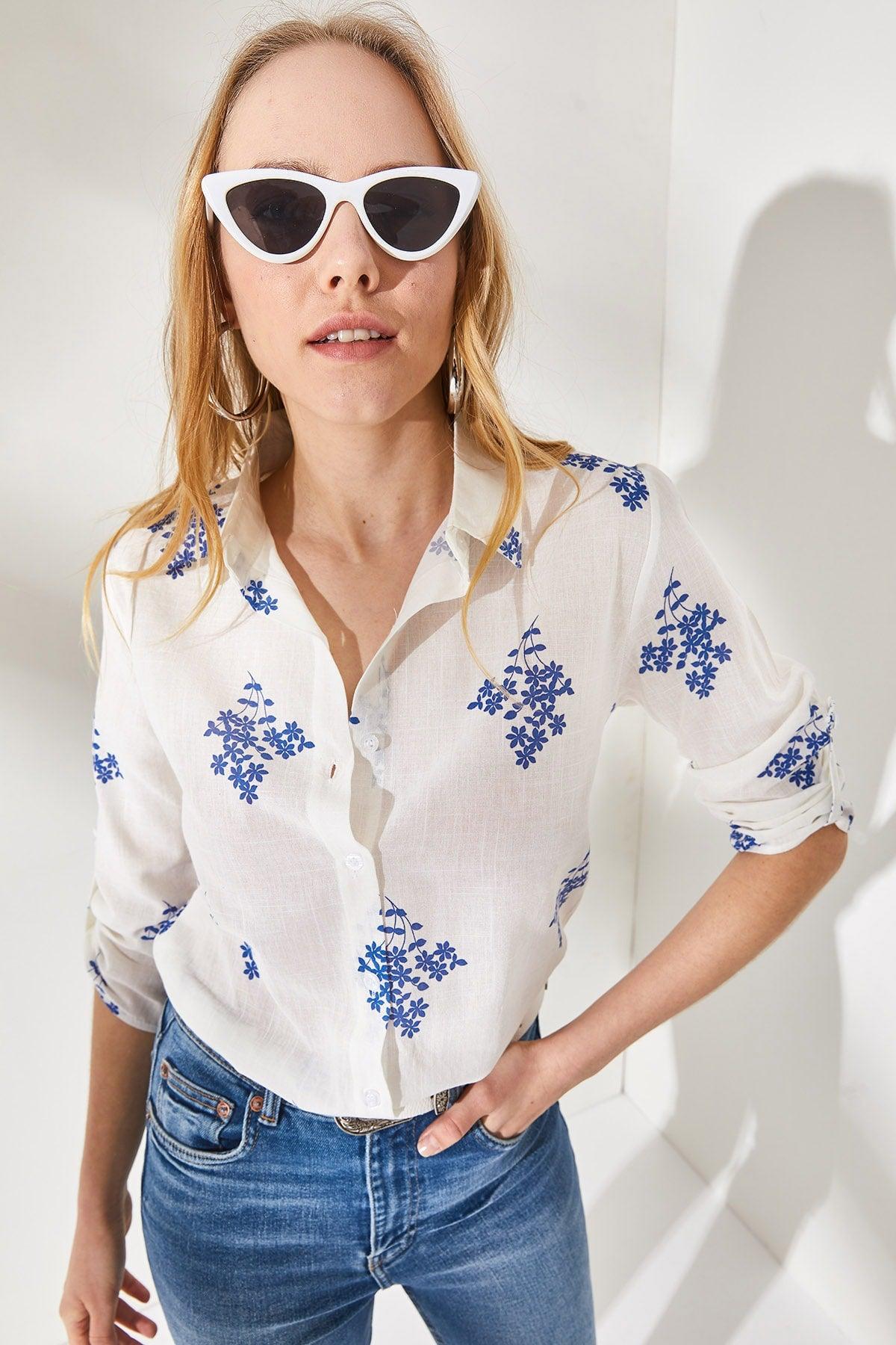 Women's Floral Navy Blue Sleeve Fold Linen Shirt GML-19000825 - Swordslife