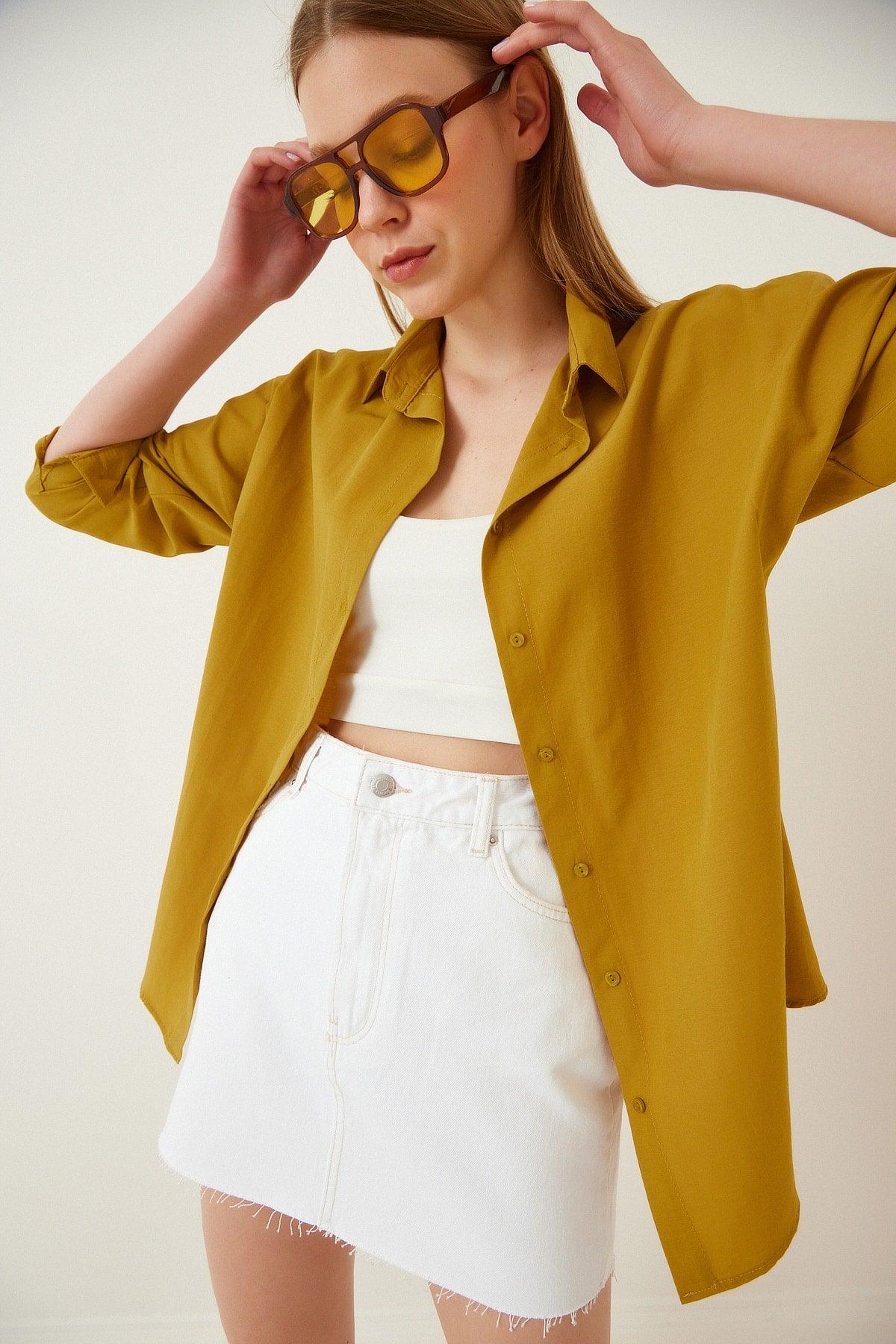 Women's Mustard Oversize Long Basic Shirt DD00842 - Swordslife