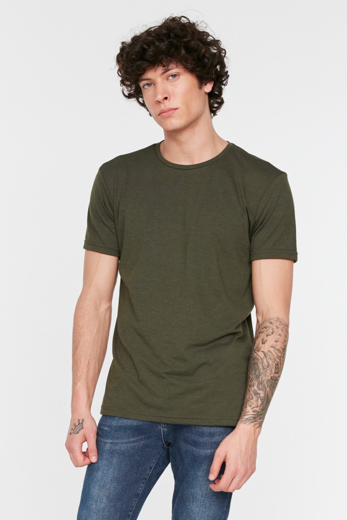 Khaki Men'S Basic Regular Fit Crew Neck Short Sleeved T-Shirt