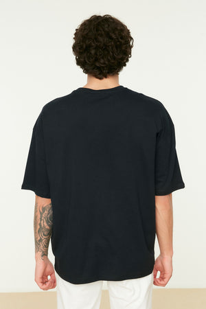 Navy Blue Men'S Oversize Crew Neck Short Sleeve City Printed 100% Cotton T-Shirt Tmnss21Ts1217