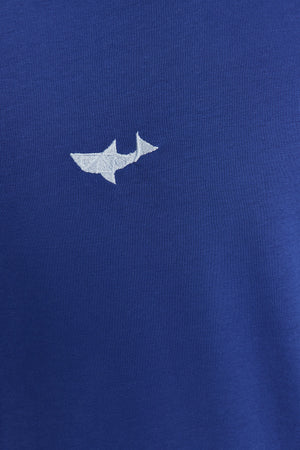 Navy Blue Men'S Oversize Fit Cycling Collar Short Sleeve Shark Embroidered T-Shirt
