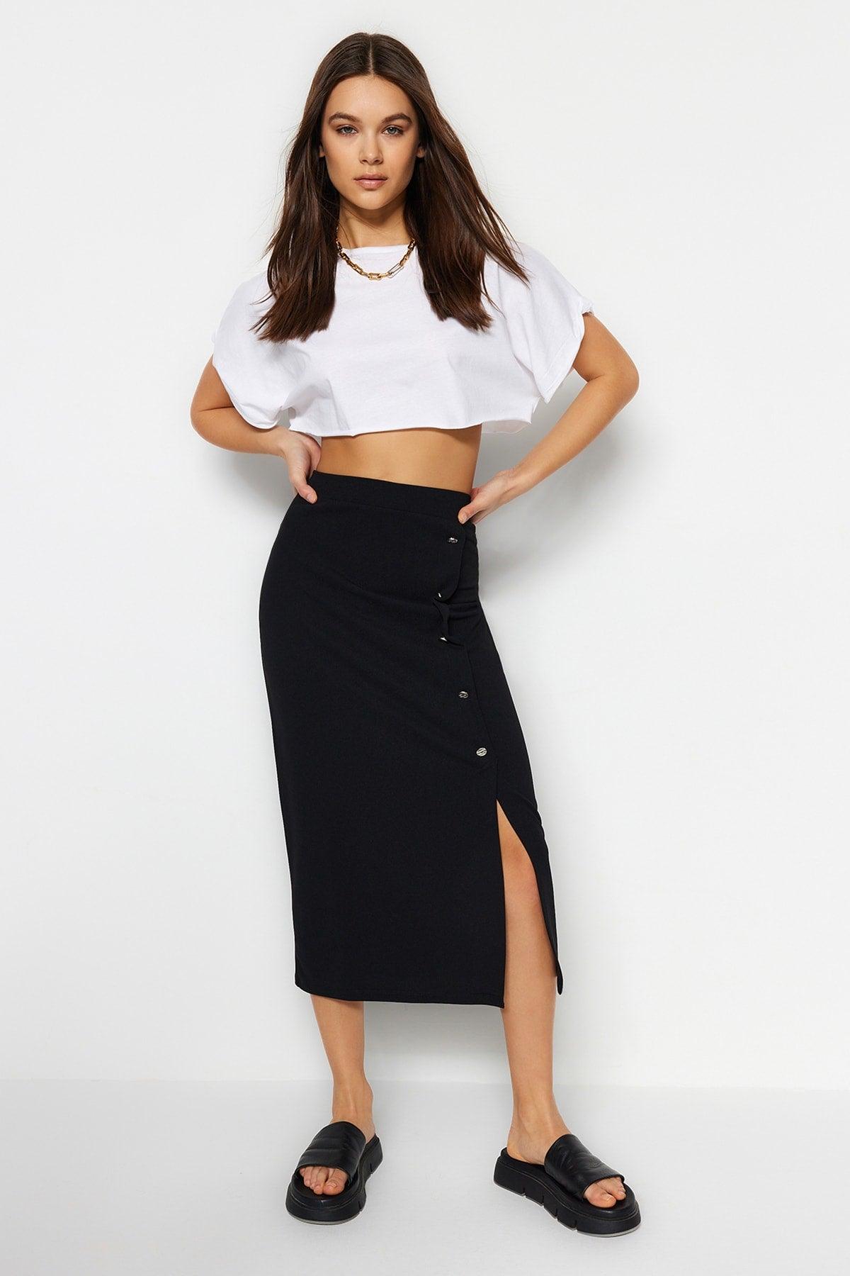 Black Button Detailed High Waist Midi Smart Crepe Knitted Pencil Skirt TWOSS23ET00320 - Swordslife