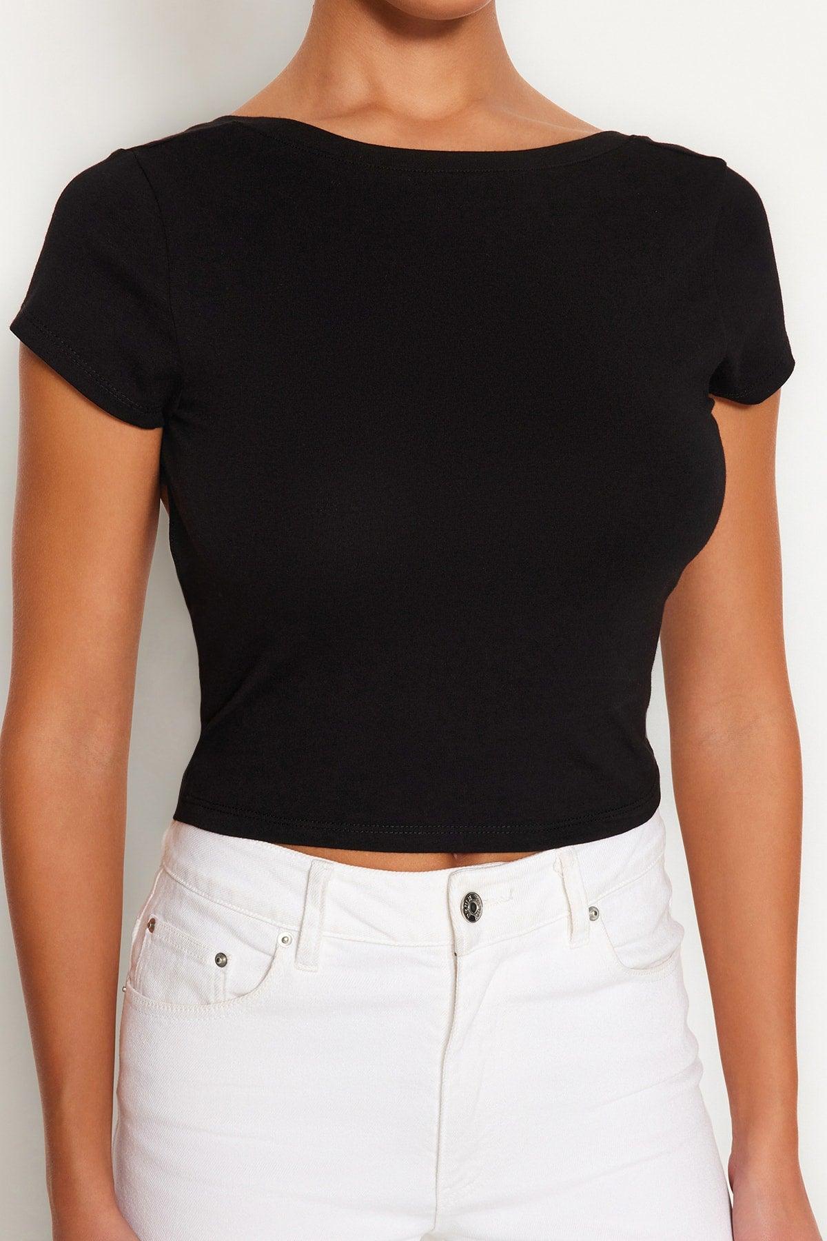 Black Crop Cotton Stretch Knitted Blouse With Low Back TWOSS23BZ00912 - Swordslife