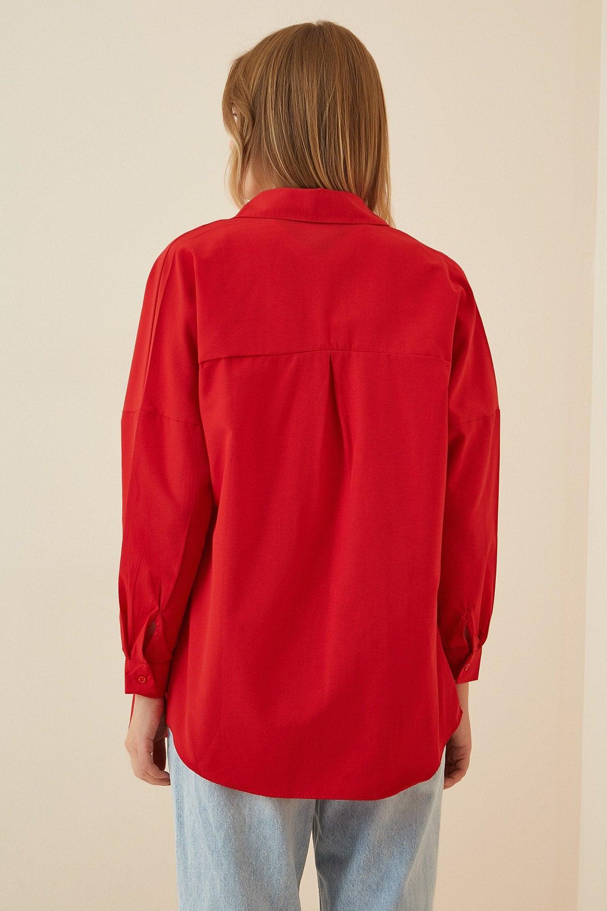 Women's Red Oversize Long Basic Shirt DD00842 - Swordslife