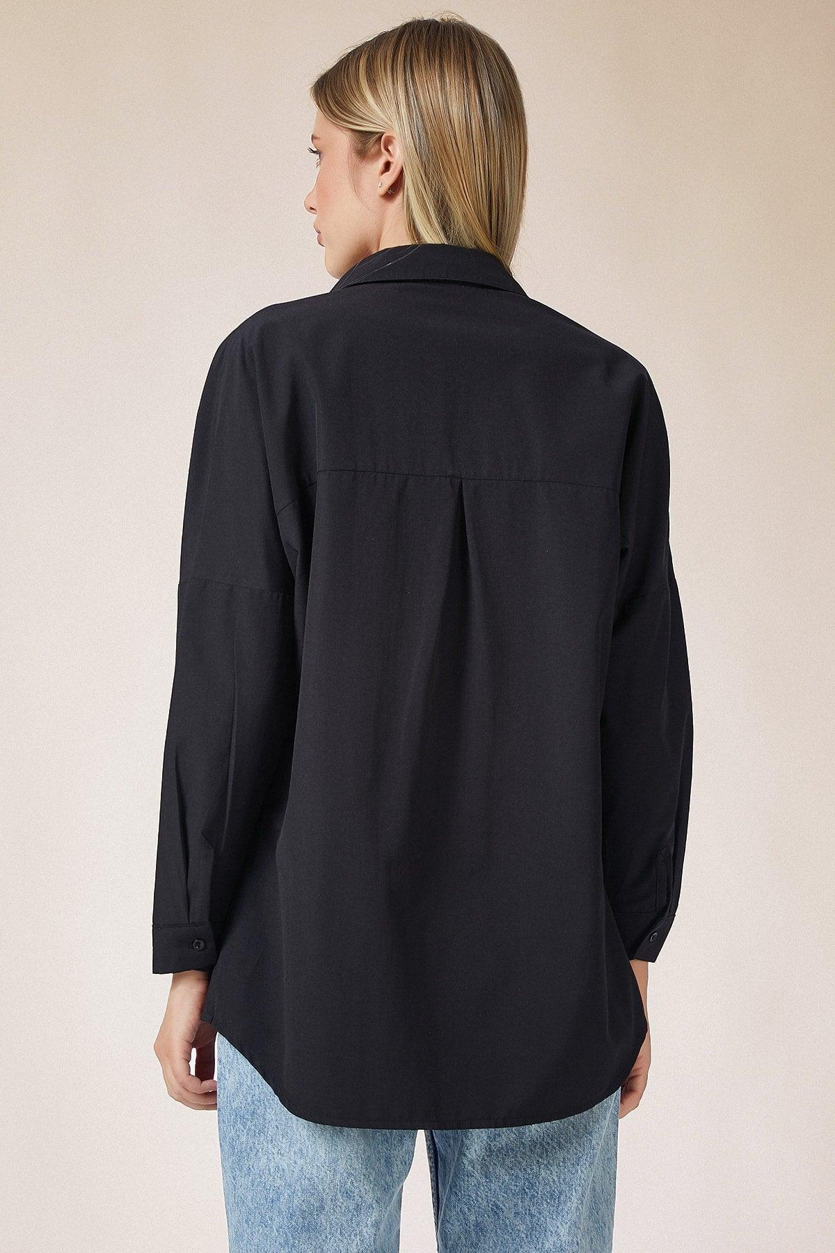 Women's Black Oversize Long Basic Shirt DD00842 - Swordslife