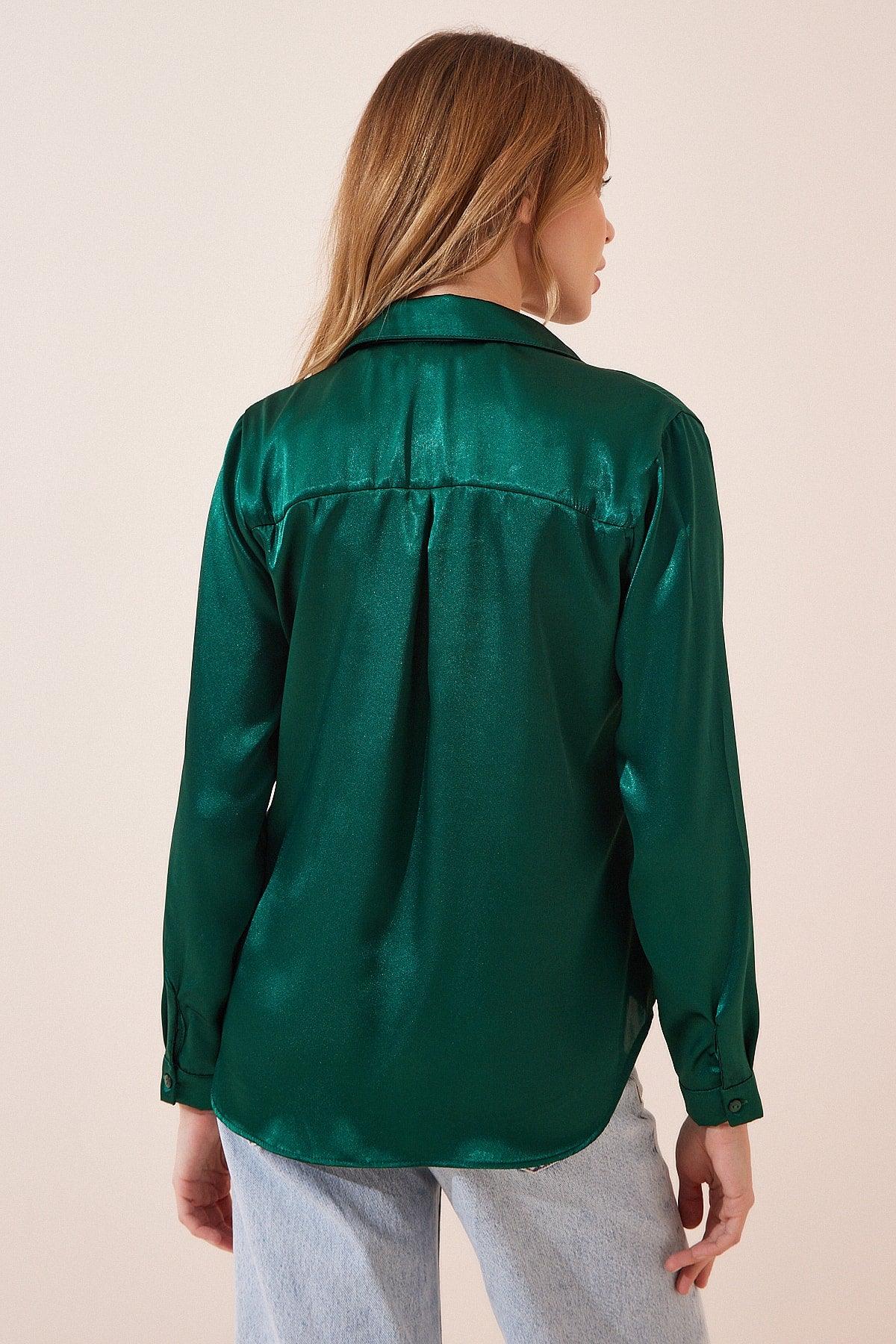 Women's Emerald Green Lightly Flowy Satin Finish Shirt DD00990 - Swordslife