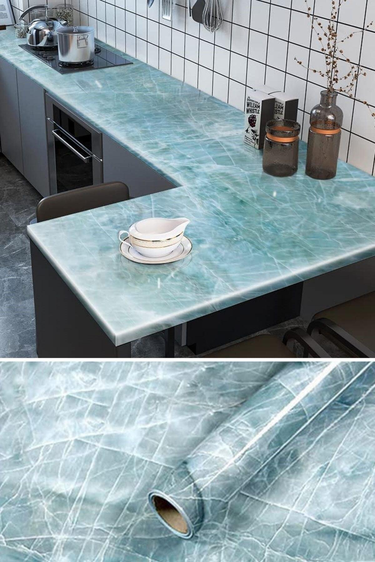 ® 5mt X 60 Cm Marble Patterned Table and Worktop Kitchen Waterproof Adhesive Foil Sticker Blue - Swordslife