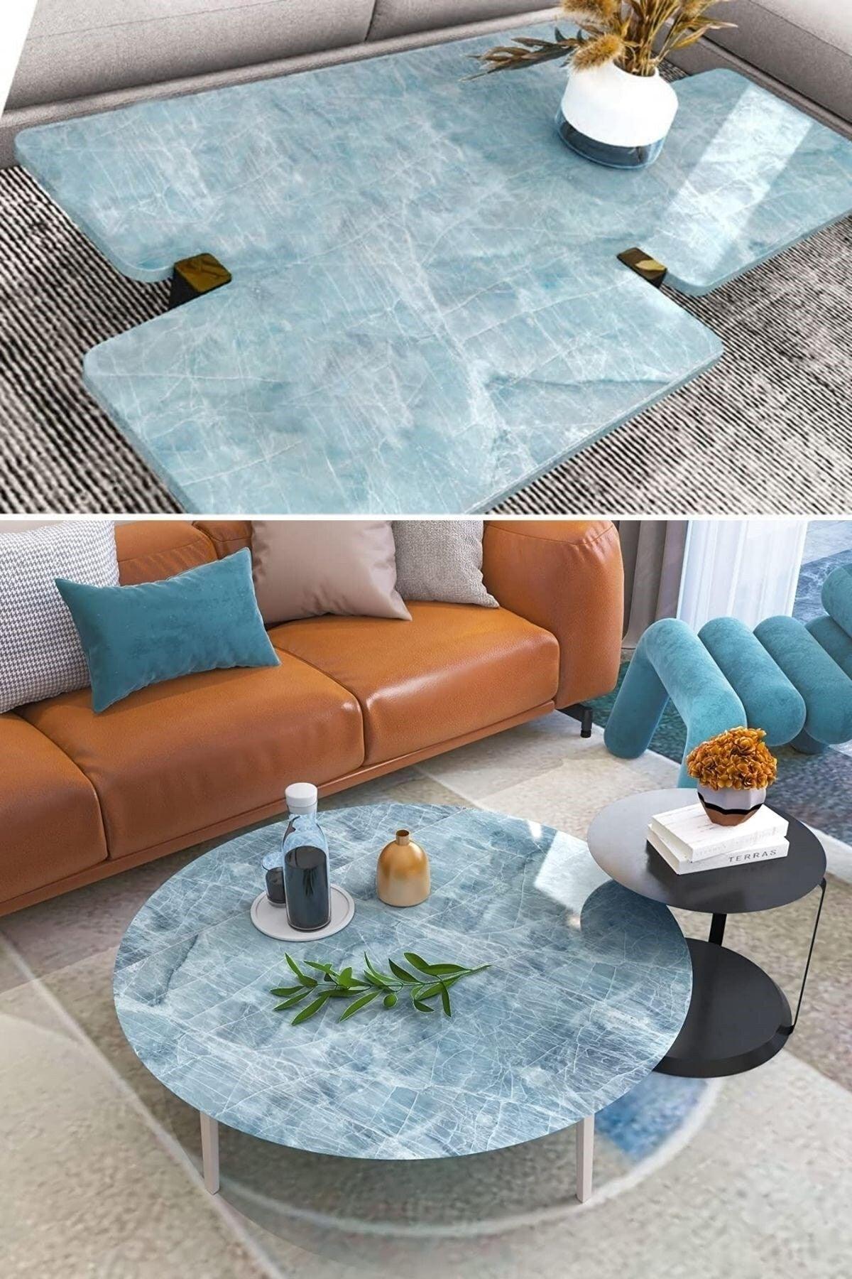 ® 5mt X 60 Cm Marble Patterned Table and Worktop Kitchen Waterproof Adhesive Foil Sticker Blue - Swordslife