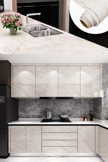 ® 5mt X 60 Cm Marble Patterned Table and Worktop Kitchen Waterproof Adhesive Foil Sticker Beige - Swordslife