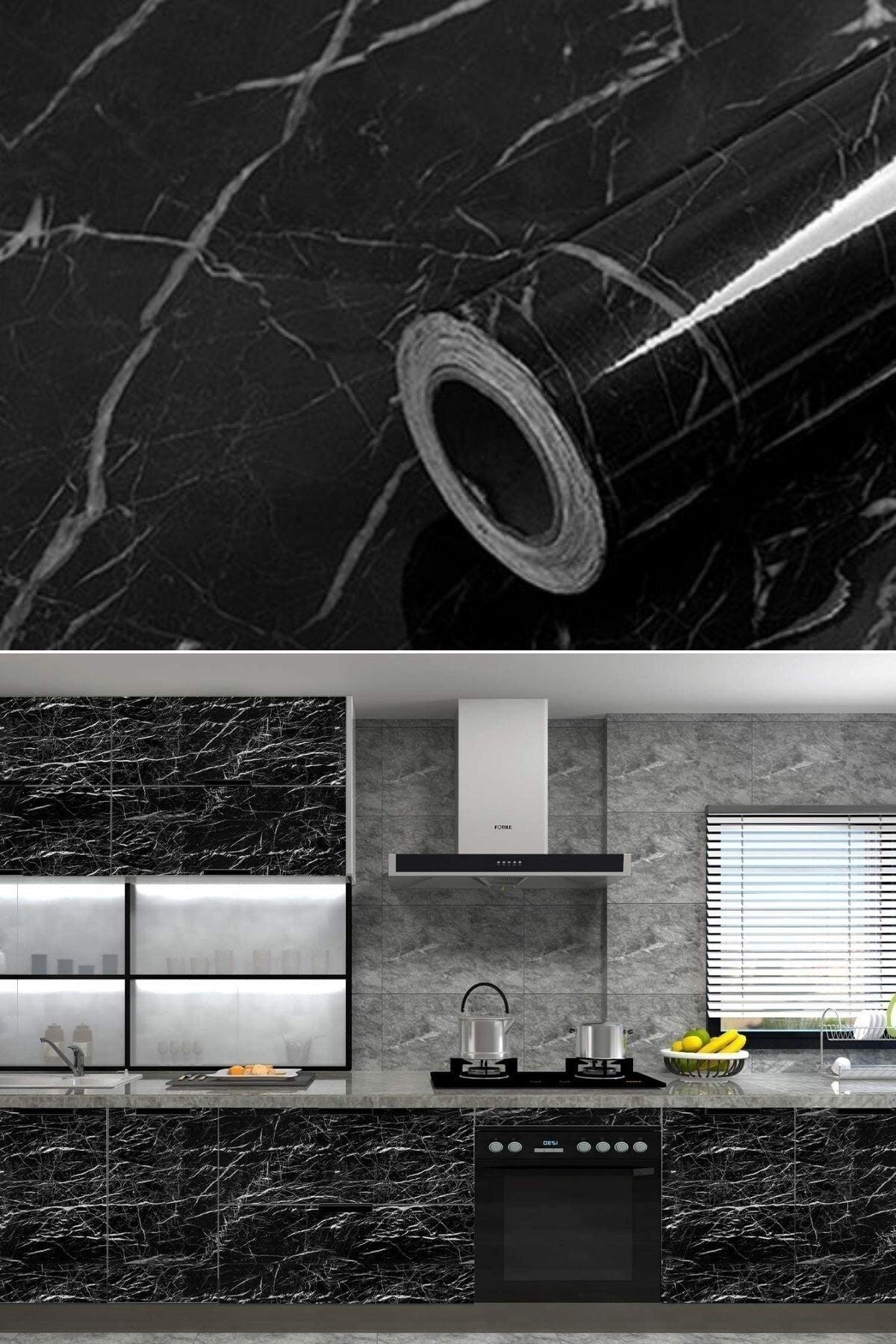 ® 5mt X 60 Cm Marble Patterned Table Countertop Kitchen Waterproof Adhesive Foil Sticker Black - Swordslife