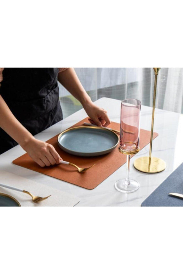 6 Person 12 Pieces Rectangle Tan Leather Placemats Placemats - Swordslife