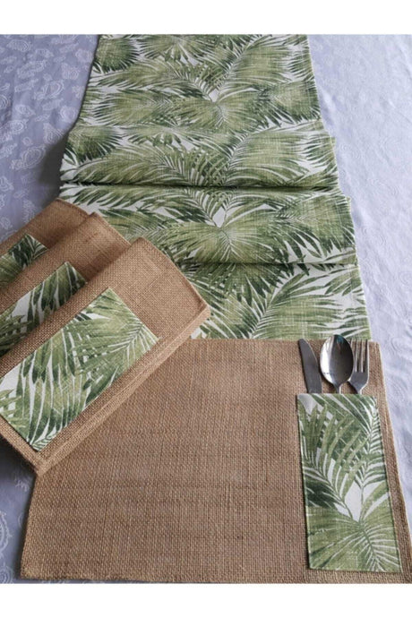 6 Green Leaf Patterned Placemats And Runners - Swordslife