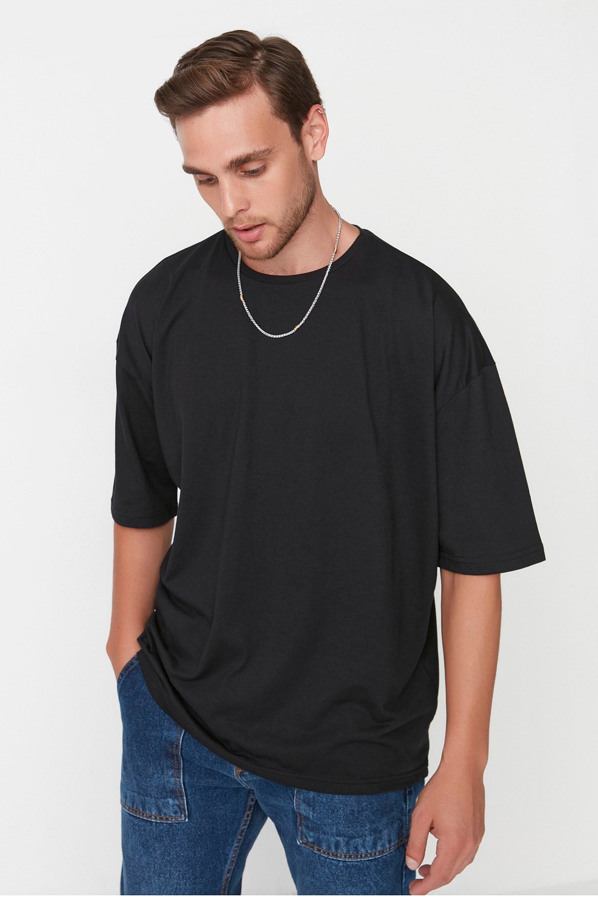 Black Men'S Basic Crew Neck Oversize Short Sleeve T-Shirt Tmnss22Ts0317