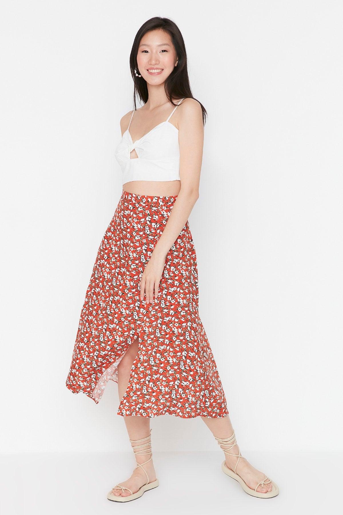 Tile Midi Woven Slit Detailed Viscose Fabric Floral Patterned Skirt TWOSS20ET0230 - Swordslife