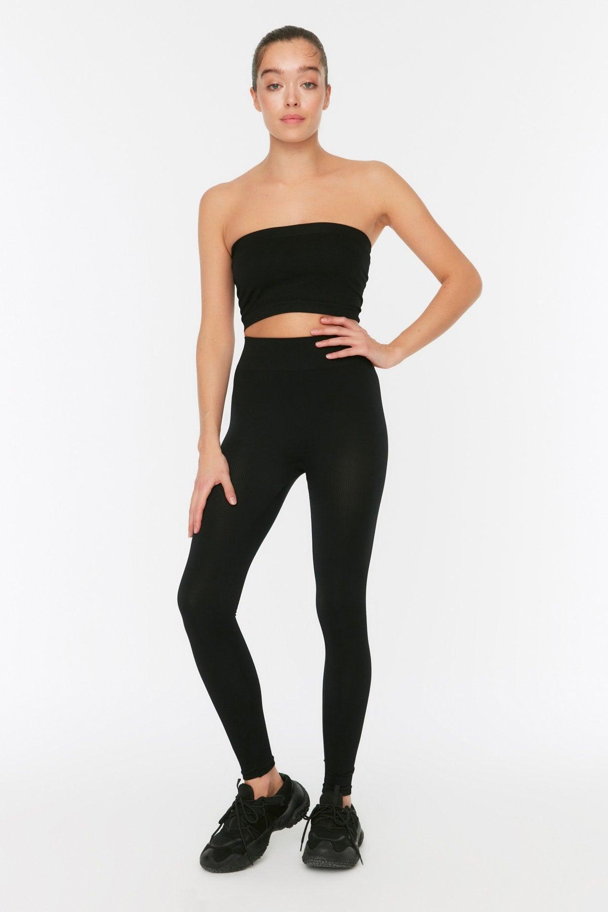 Black Seamless/Seamless Ribbed Full Length Sports Leggings TWOAW20TA0071 - Swordslife