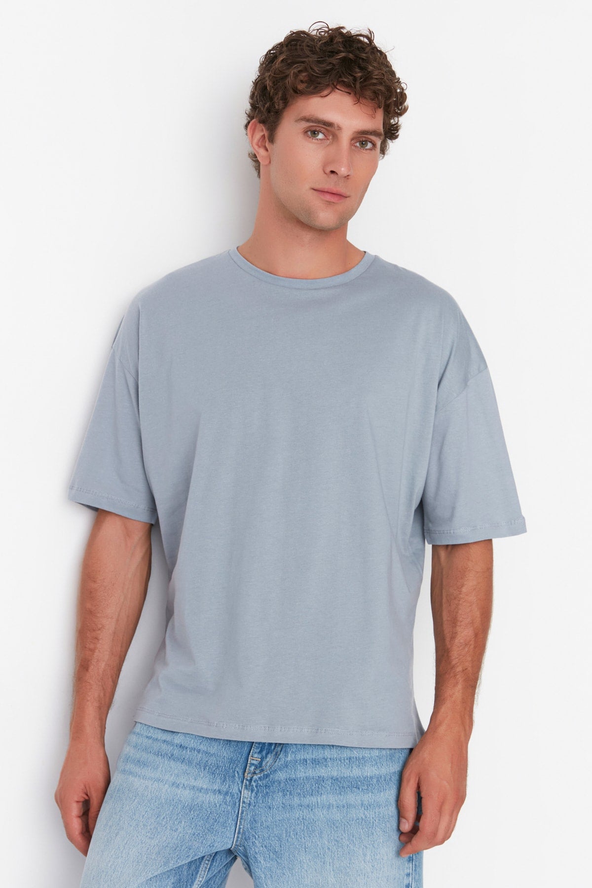 Gray Men's Basic 100% Cotton Crew Neck Oversize Short Sleeve T-Shirt TMNSS22TS0318