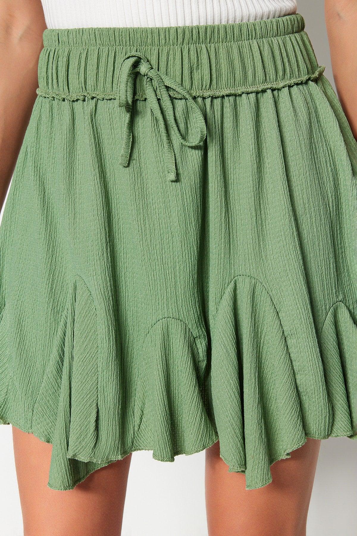 Green Skirt Frilled Normal Waist Crepe Mini Knitted Skirt TWOSS21ET0056 - Swordslife