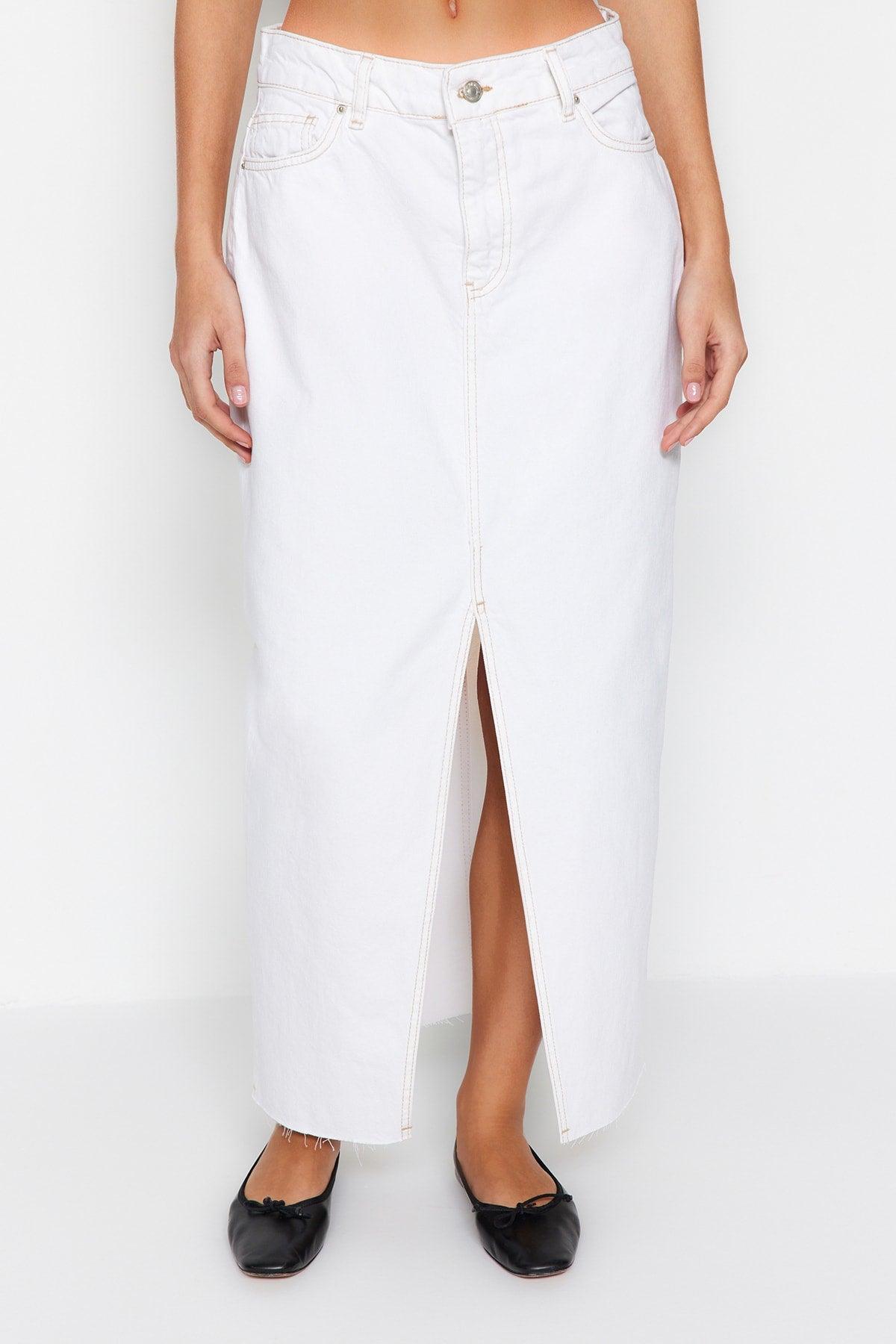 White Slit Maxi Denim Skirt TWOSS23ET00290 - Swordslife