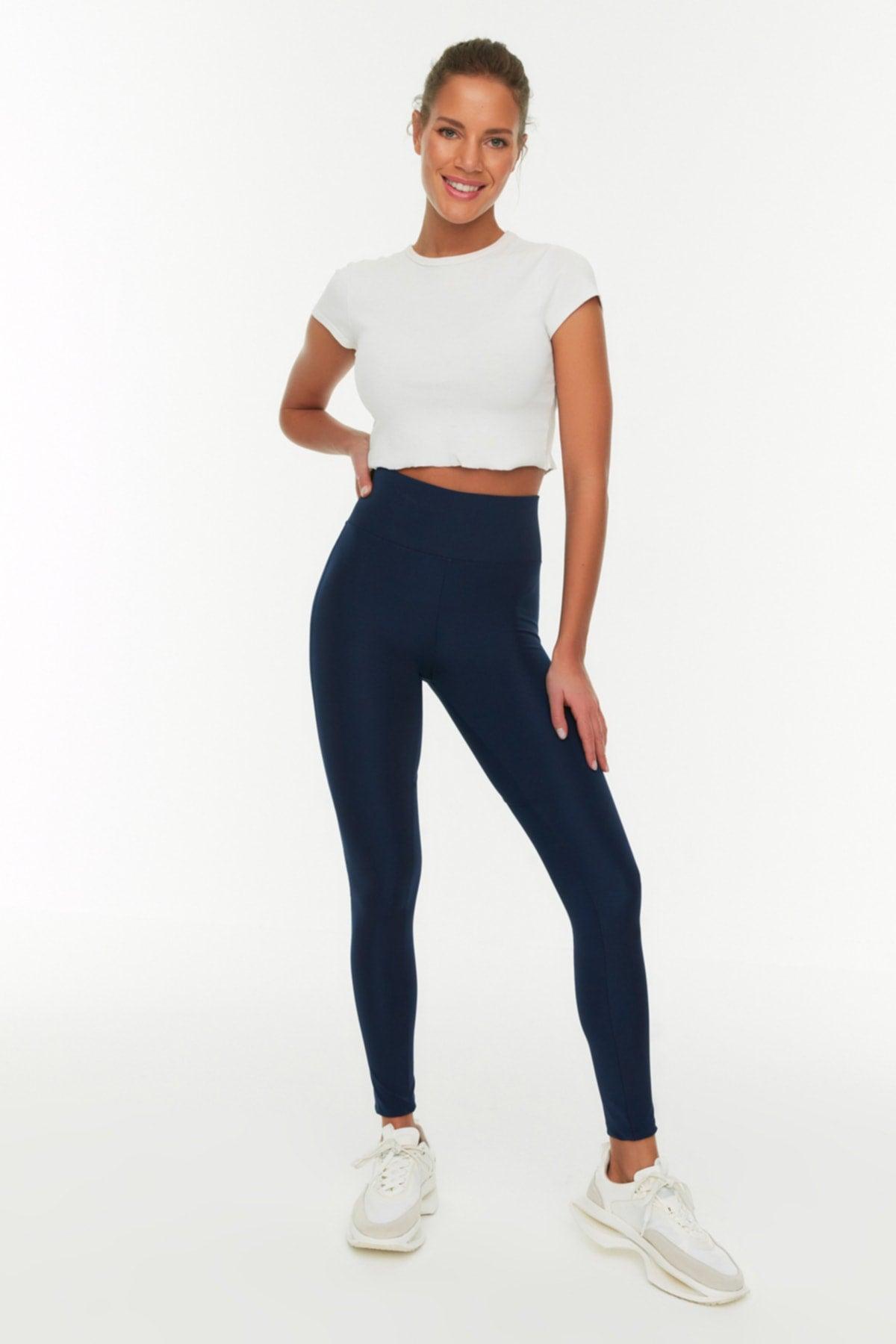 Navy Blue Full Length Sports Tights with Push-Up TWOAW21TA0030 - Swordslife