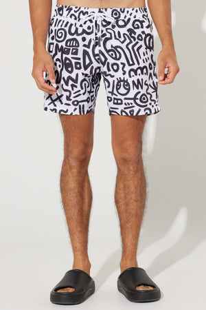 Men'S White-Black Standard Fit Regular Fit Side Pockets Patterned Swimwear Marine Shorts