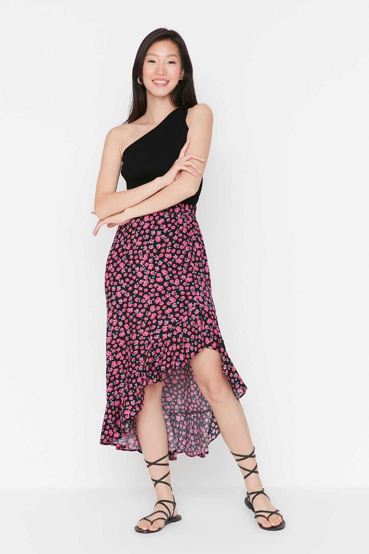 Pink Midi Woven Slit Detailed Asymmetrical Floral Skirt TWOSS20ET0166 - Swordslife