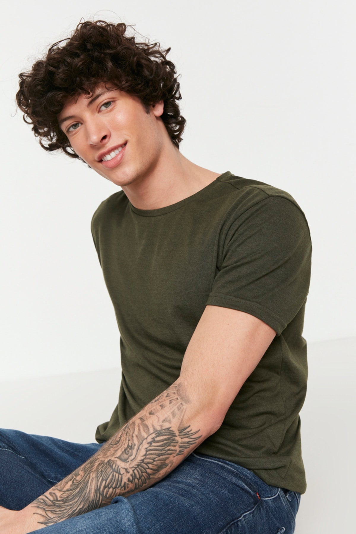 Khaki Men'S Basic Regular Fit Crew Neck Short Sleeved T-Shirt