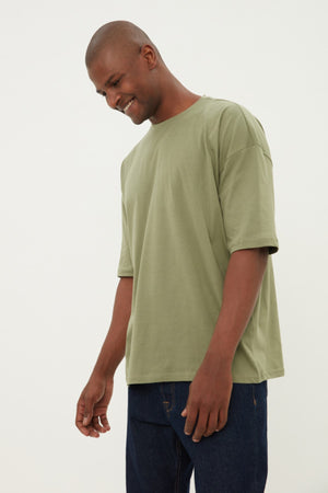 Khaki Men'S Basic 100% Cotton Crew Neck Oversized Short Sleeved T-Shirt Tmnss22Ts0318