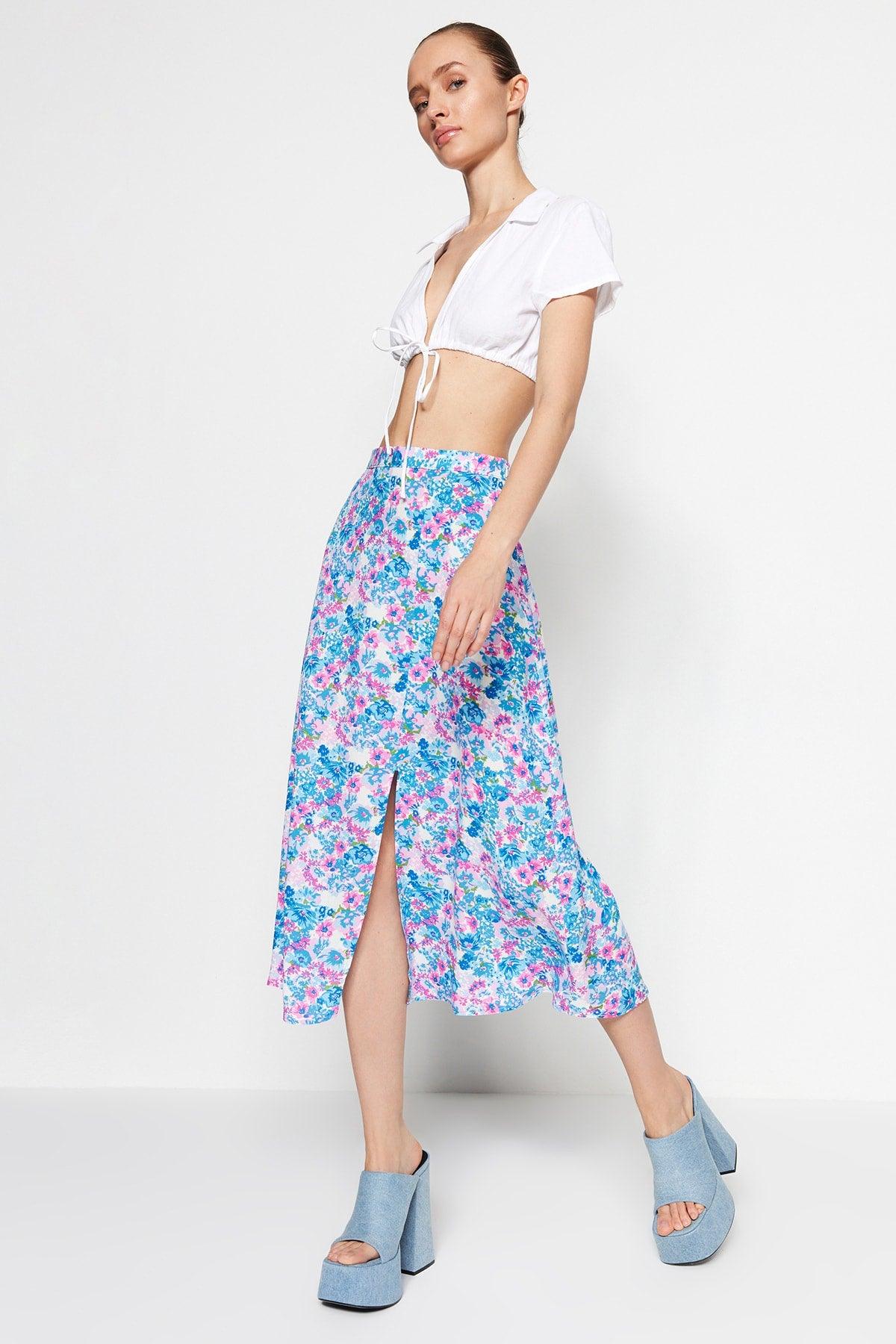 Indigo-Ecru Midi Woven Slit Detailed Viscose Fabric Floral Patterned Skirt TWOSS20ET0230 - Swordslife