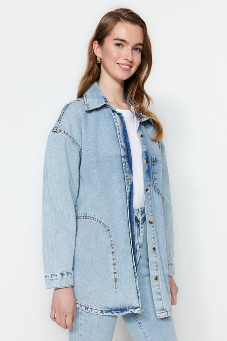 Light Blue Regular Fit Denim Single Pocket Denim Jacket TCTSS23CK00049 - Swordslife