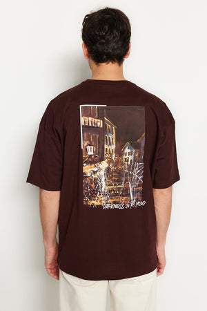 Brown Men'S Oversize Crew Neck Short Sleeve Back Printed 100% Cotton T-Shirt