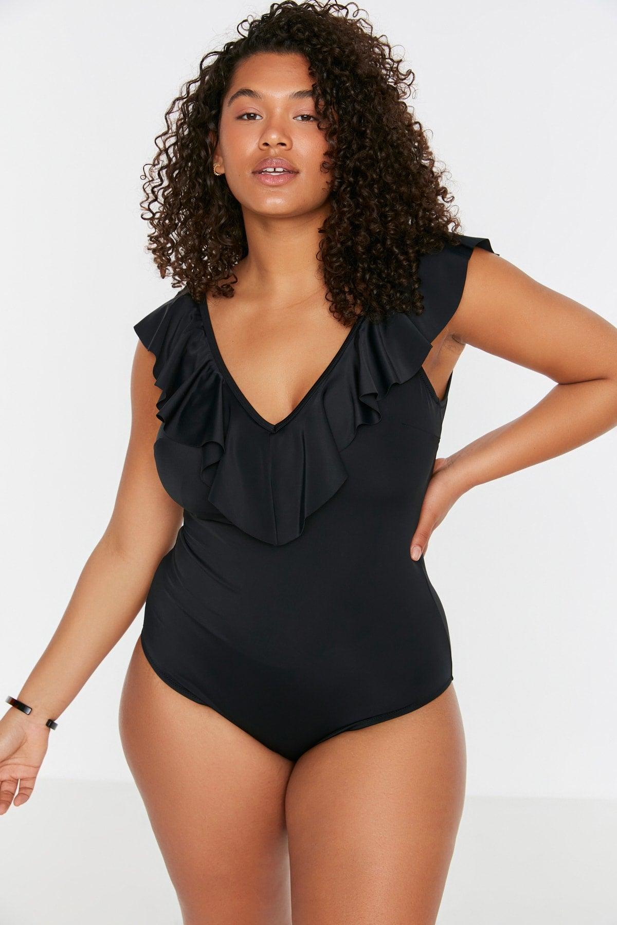 Black Ruffle Detailed Swimsuit TBBSS22MA0299 - Swordslife