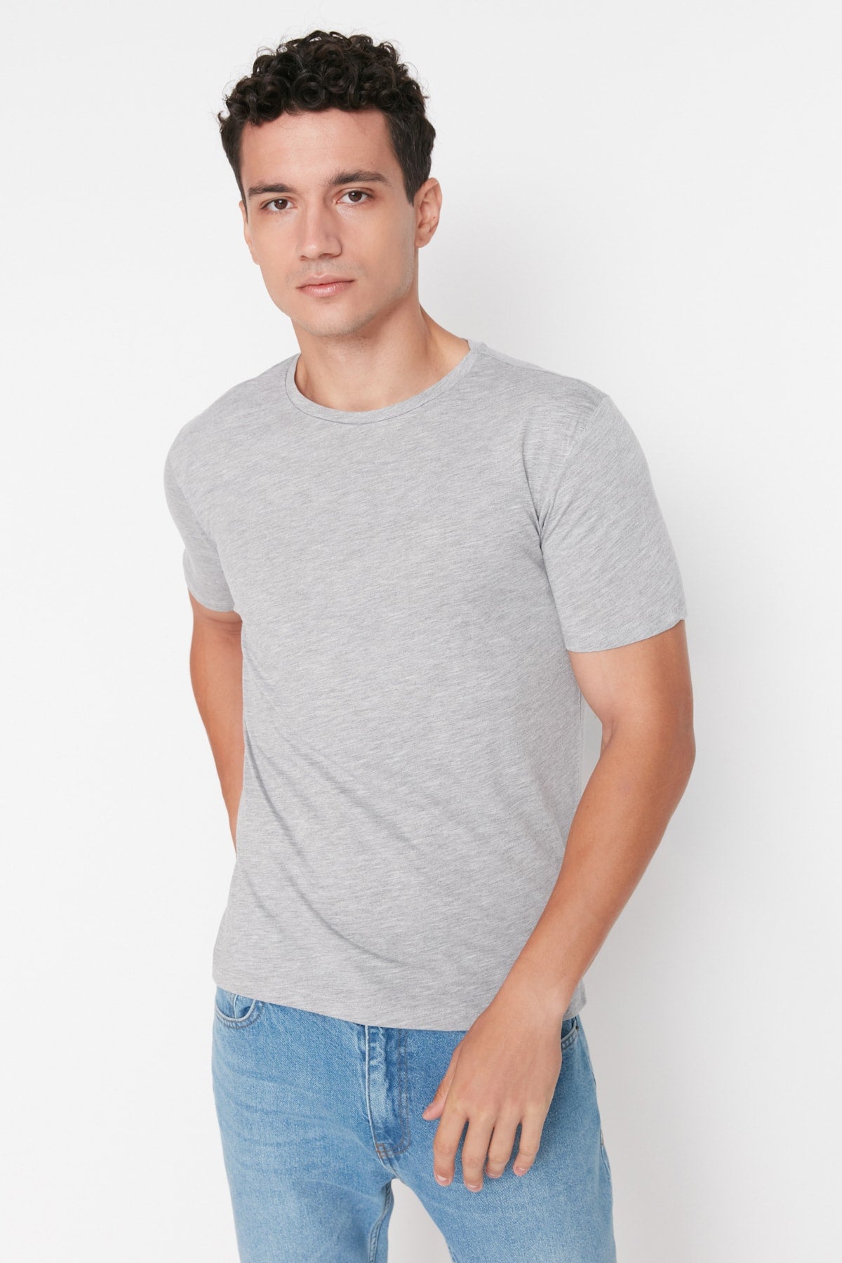 Gray Men'S Basic Slim Crew Neck Short Sleeved T-Shirt Tmnss22Ts0270