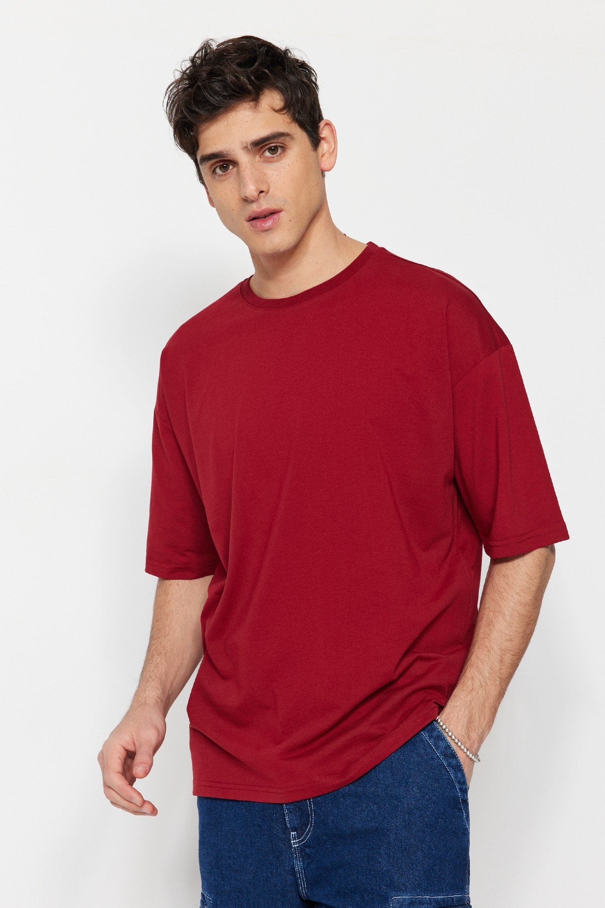 Claret Red Men's Basic Crew Neck Oversize Short Sleeve T-Shirt TMNSS22TS0317