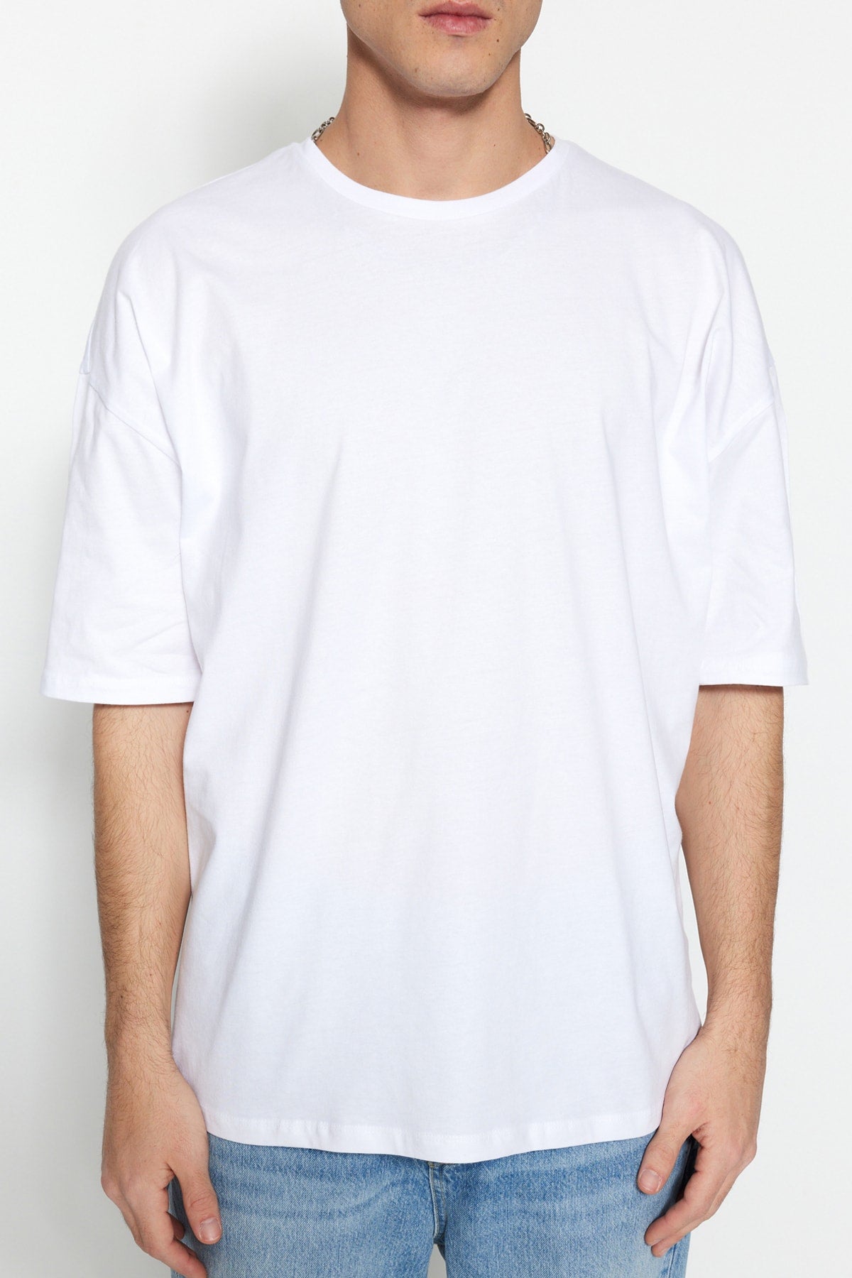 White Men'S Oversize Basic Crew Neck Short Sleeved 100% Cotton T-Shirt Tmnss22Ts0318