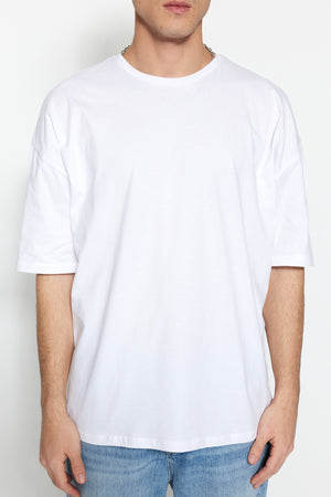 White Men'S Oversize Basic Crew Neck Short Sleeved 100% Cotton T-Shirt Tmnss22Ts0318