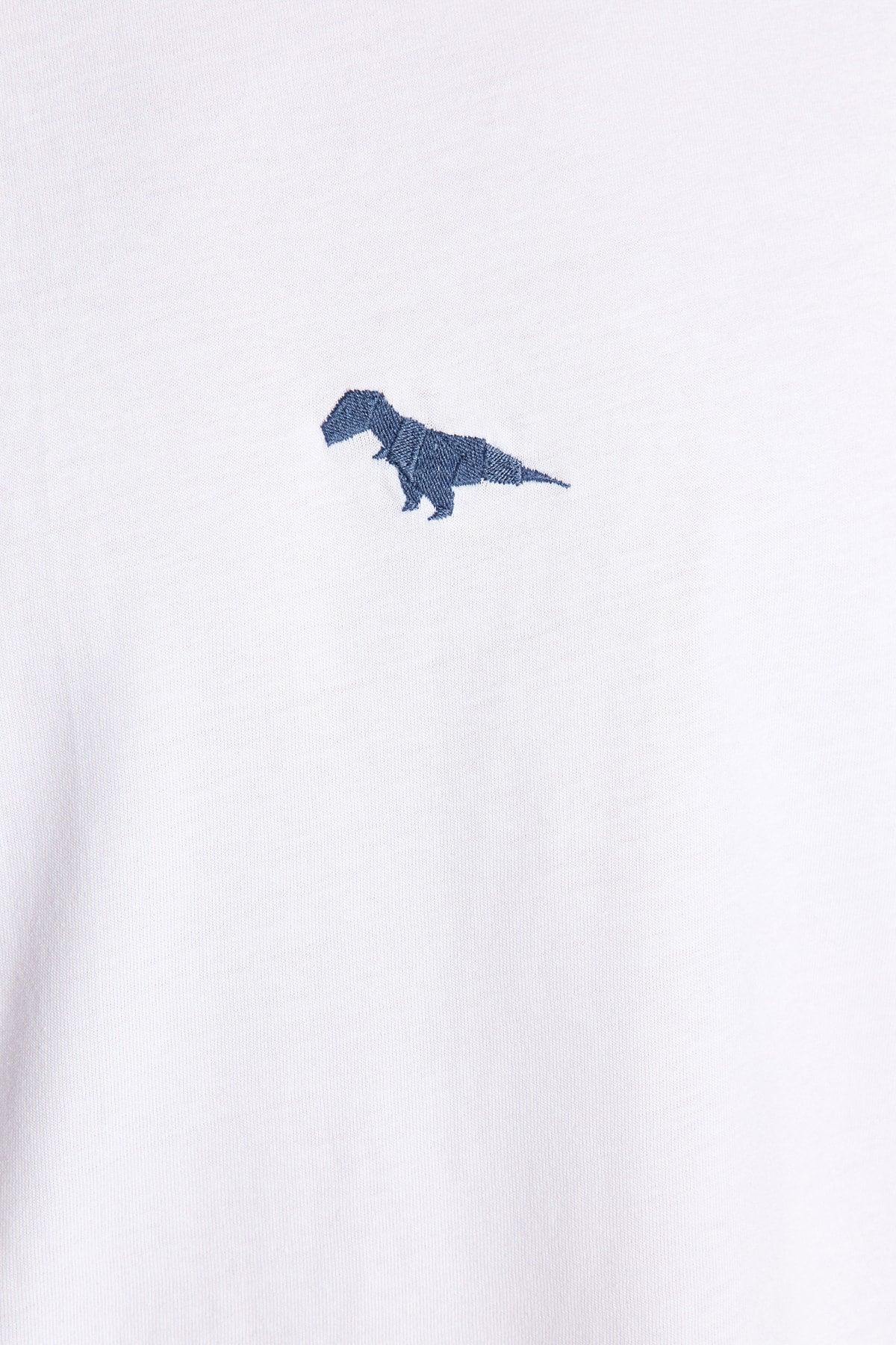 White Men's Oversize Fit Crew Neck Short Sleeve Dinosaur Embroidered 100% Cotton T-Shirt TMNSS23TS00243 - Swordslife