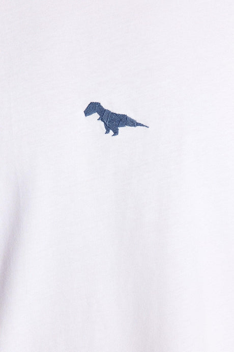 White Men's Oversize Fit Crew Neck Short Sleeve Dinosaur Embroidered 100% Cotton T-Shirt TMNSS23TS00243 - Swordslife